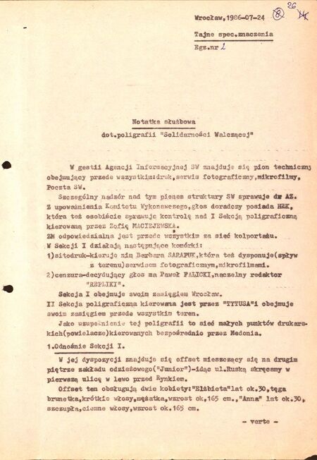 Notatka służbowa z dn. 24 VII 1986 r. dotycząca poligrafii Solidarności Walczącej, IPN Wr 032/805, s. 30-31