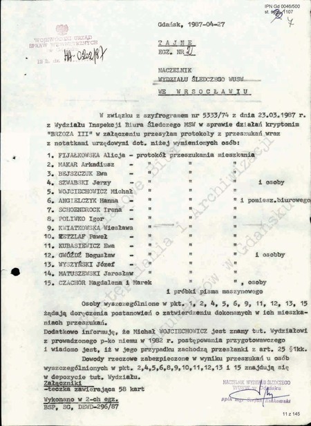 Pismo naczelnika Wydz. Śledczego WUSW Gdańsk z dn. 27 IV 1987 r. dotyczące działań krypt. „Brzoza III”, IPN Gd 0046/500, s. 7