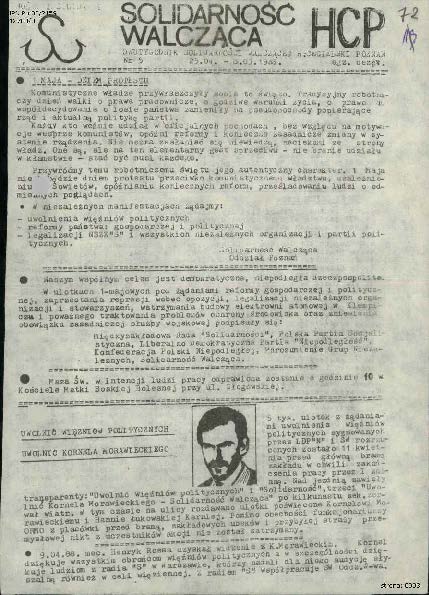 Solidarność Walcząca HCP. Dwutygodnik Solidarności Walczącej H. Cegielski Poznań nr 5 z 1988 r., Po 08/2159, k 72, S. 1
