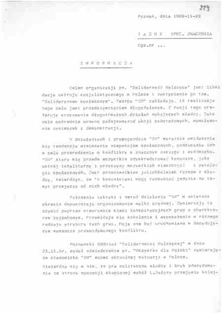 Informacja z dn. 29 XI 1988 r. dot. działalności i struktury SW Oddział w Poznaniu, IPN Po 08/2356, k. 229–231
