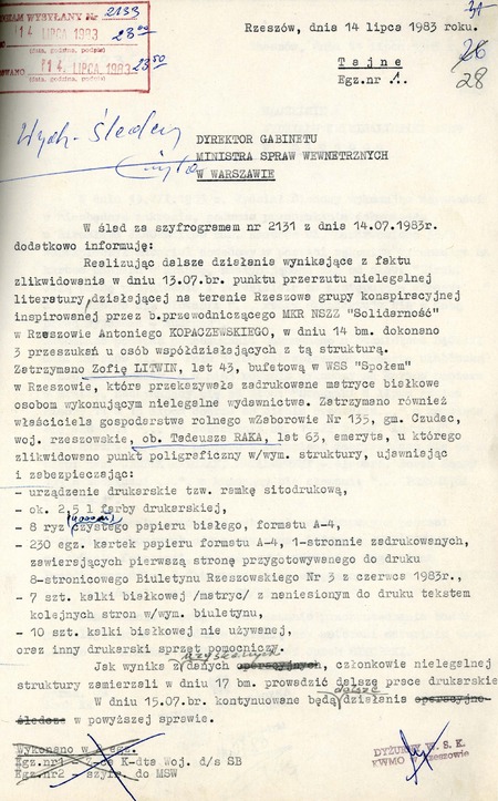 Dokument dot. likwidacji punktu poligraficznego znajdującego się w Zaborowie 135 w domu Tadeusza Raka w dn. 13 VII 1983 r., Rz 052/886, k. 28
