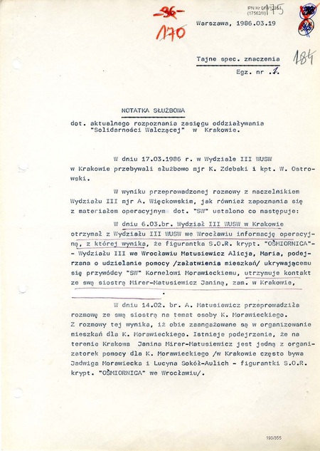 Notatka służbowa z dn. 19 III 1986 r. dotycząca aktualnego rozpoznania zasięgu oddziaływania Solidarności Walczącej w Krakowie, IPN Kr 010/12351, s. 175-177