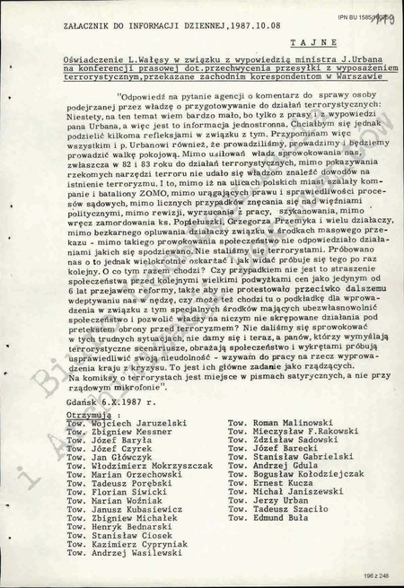 Załącznik do informacji dziennej Gabinetu Ministra Spraw Wewnętrznych z dn. 8 X 1987 r. dot. zatrzymania na terenie Gdańska ładunku dla osób prowadzących nielegalną działalność w Polsce, IPN BU 1585/16075