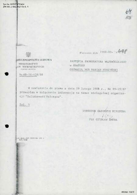 Informacja MSW PRL z 1988 r. na temat nielegalnej organizacji „Solidarność Walcząca”, IPN BU 003273/524 t. 4, s. 105-113.