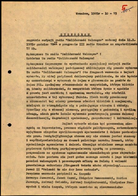 Stenogram audycji Radia Solidarność Walcząca z dnia 11 X 1985 r., IPN Wr 024/8869 t. 5, k. 5-6