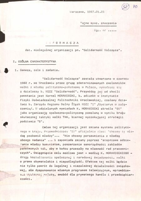 Informacja z dn. 23 I 1987 r. dot. nielegalnej organizacji pn. Solidarność Walcząca, IPN Wr 032/805, s. 75-78