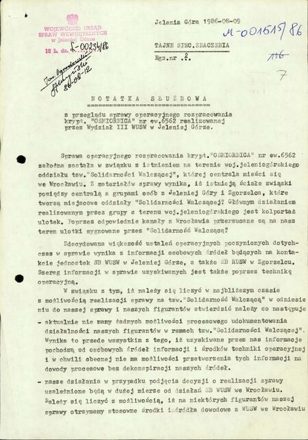 Notatka służbowa z dn. 9 VIII 1986 r. z przebiegu SOR krypt. „Ośmiornica” w Jeleniej Górze, IPN Wr 020/303, s. 13