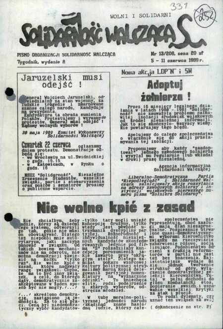 Solidarność Walcząca. Wolni i Solidarni nr 13/208 z dn. 05-11 VI 1989 r., IPN By 076/201, s. 331-334