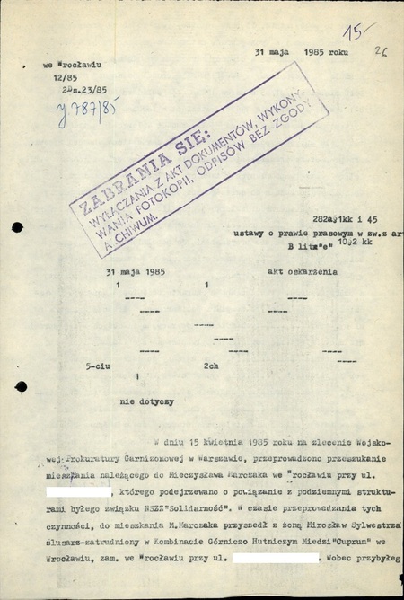 Akt oskarżenia przeciwko Mirosławowi Sylwestrzakowi za posiadanie wydawnictw Solidarności Walczącej, Wrocław, 31 V 1985 r., IPN Wr 039/11483, s. 26–27