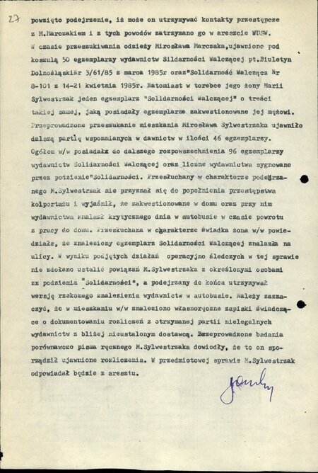 Akt oskarżenia przeciwko Mirosławowi Sylwestrzakowi za posiadanie wydawnictw Solidarności Walczącej, Wrocław, 31 V 1985 r., IPN Wr 039/11483, s. 26–27
