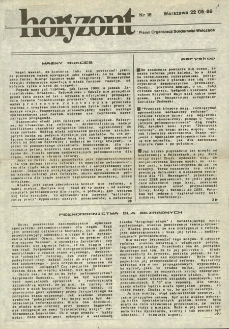 Hotyzont. Pismo Organizacji Solidarność Walcząca. Wydanie warszawskie nr 16 z dn. 22 V 1988 r., IPN Ka 240/64