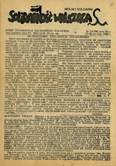 Solidarność Walcząca. Wolni i Solidarni nr 13/106 z dn. 23-30 VI 1985 r., IPN Ki 212/679, s. 1
