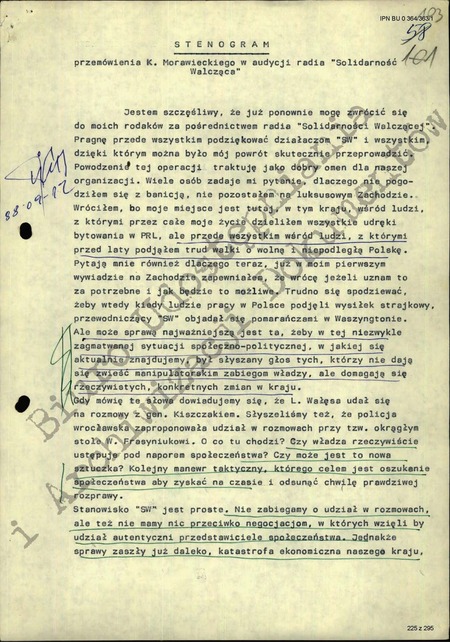 Stenogram przemówienia K. Morawieckiego w audycji Radia Solidarność Walcząca, IPN BU 0364/363 t. 1, s. 103-104