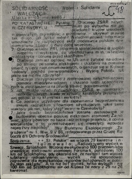 Kopia ulotki (maj 1986 r.) dot. m.in. katastrofy w Czarnobylu, IPN Kr 033/742, k. 106-107