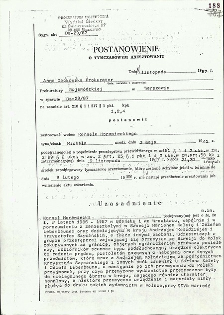 Postanowienie Prokuratury Wojewódzkiej w Warszawie z dn. 11 XI 1987 r. o tymczasowym aresztowaniu Kornela Morawieckiego, IPN Gd 77/17 t. 1. s. 230-231