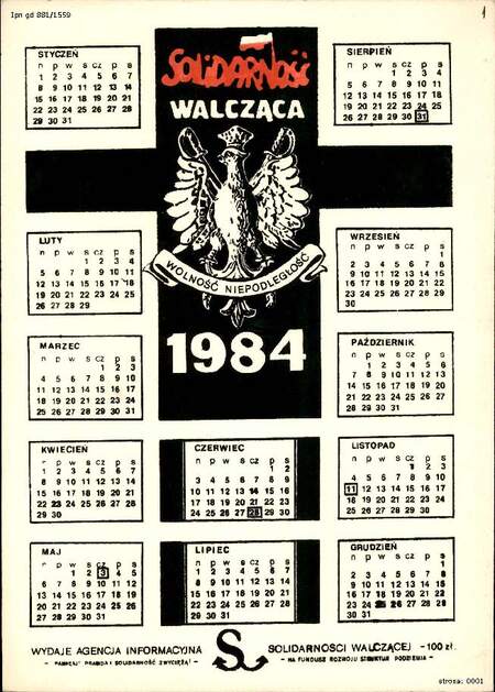 IPN Gd 881/1559, Kalendarz na rok 1984 z napisem „Solidarność Walcząca”, wydany przez Agencję Informacyjną Solidarności Walczącej