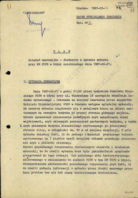 Plan działań operacyjno-śledczych z dn. 4 III 1987 r. w sprawie wybuchu przy KM PZPR w Gdyni w dn. 27 II 1987 r., IPN Gd 003/243, s. 95-105
