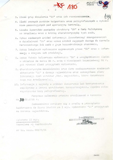 Pismo Biura Studiów SB MSW z dn. 5 VI 1986 r. zawierające wytyczne w sprawie kierunków rozpracowania Solidarności Walczącej, IPN Kr 010/12351, s. 184-185