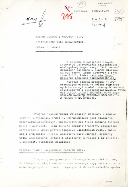 Opracowanie Biura Studiów SB MSW z dn. 5 XI 1988 r. poświęcone zasadom ideowym, programowi oraz celom Solidarności Walczącej, IPN Kr 010/12351, s. 220-230