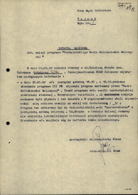 Notatka służbowa z dn. 4 VI 1986 r. dotycząca emisji radiowej programu Podhalańskiego Radia Solidarności Walczącej w dn. 30 V 1986 r. dotyczącego wypadku w elektrowni w Czarnobylu, IPN Kr 033/742, k. 41