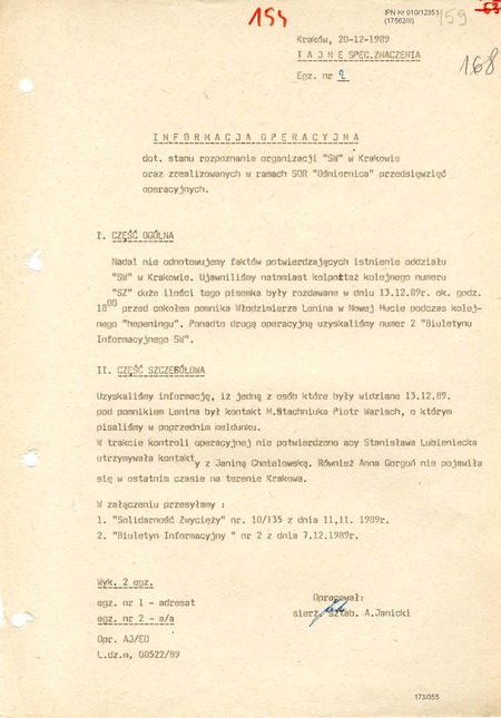 Informacja operacyjna z dn. 20 XII 1989 r. dotycząca stanu rozpoznania Solidarności Walczącej w Krakowie, IPN Kr 010/12351, s. 159